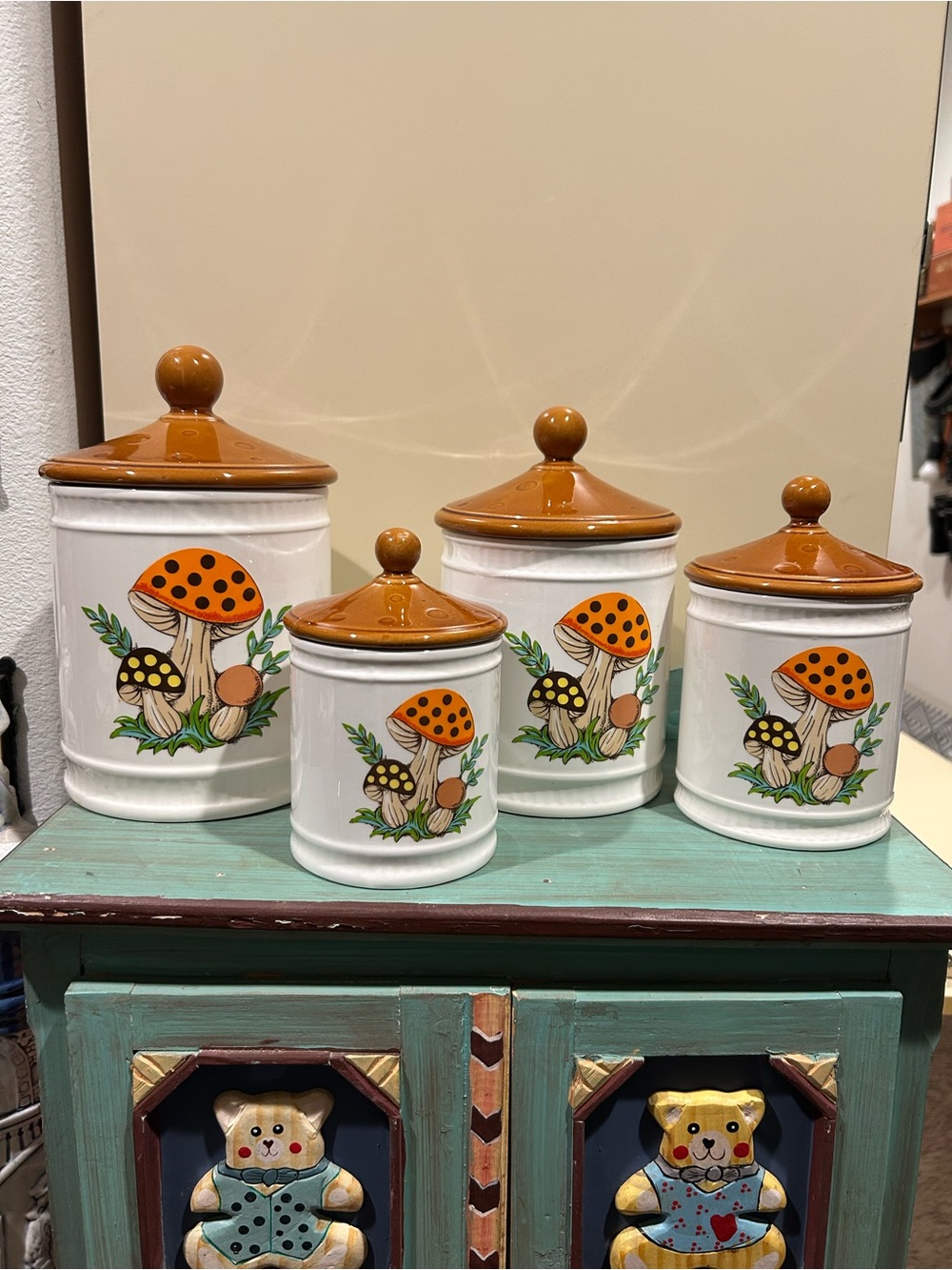 Vtg 1982 Sears Roebuck and Co. Merry Mushroom ceramic canister set of 4